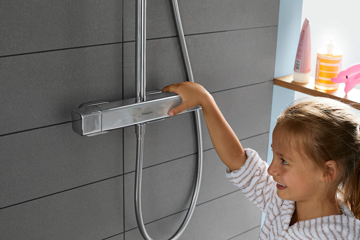 hansgrohe Croma E - sistema de ducha con termostato, ducha lluvia (280 x 170 mm) con grifo, ducha de mano (3 tipos de chorro), flexo, barra, ducha fija rectangular (1 tipo de chorro), cromo