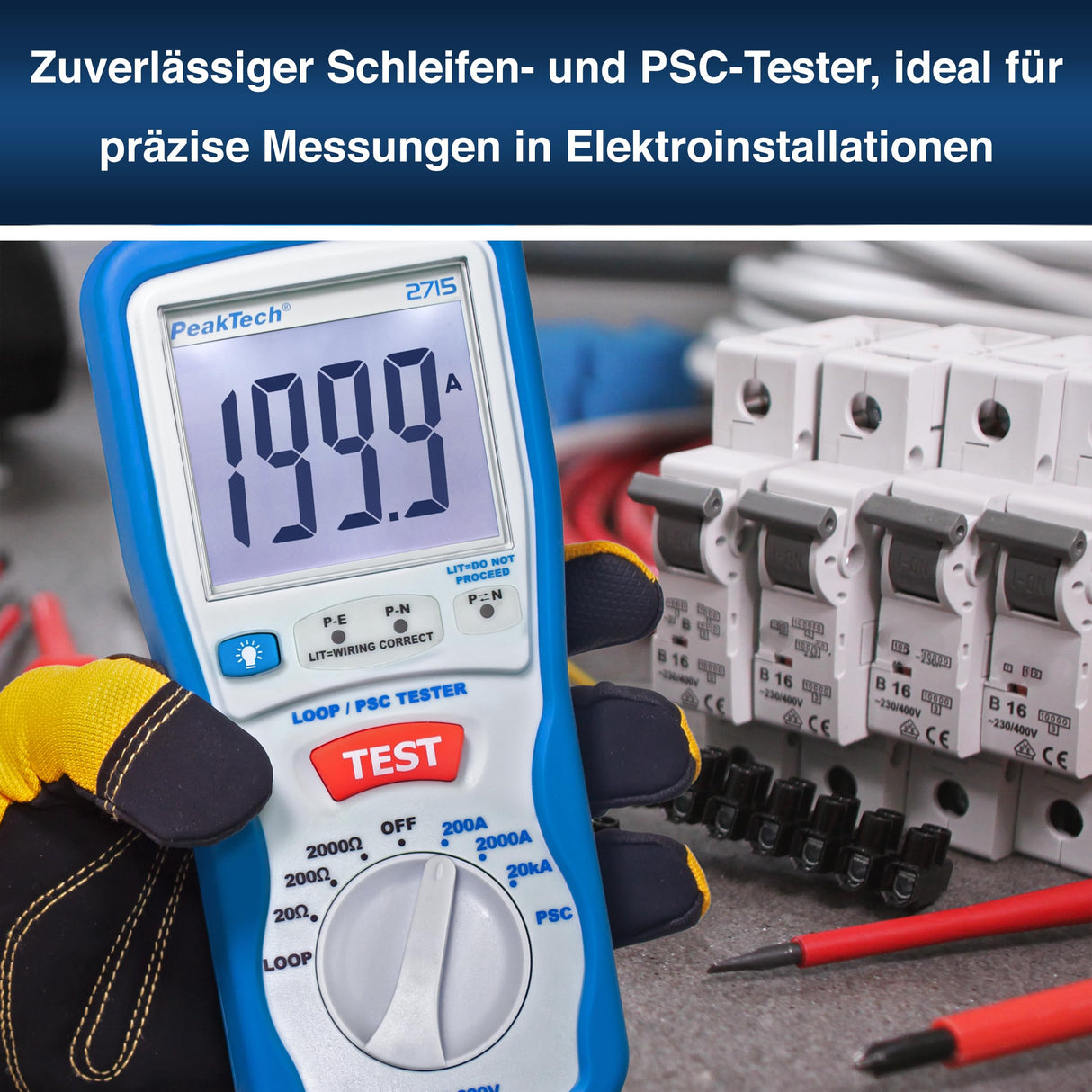 PeakTech 2715 – Probador digital de lazo PSC con pantalla LCD, probador para mediciones de impedancia, amperímetro de cortocircuito, fusible de circuito, carcasa aislada - CAT III 600 V