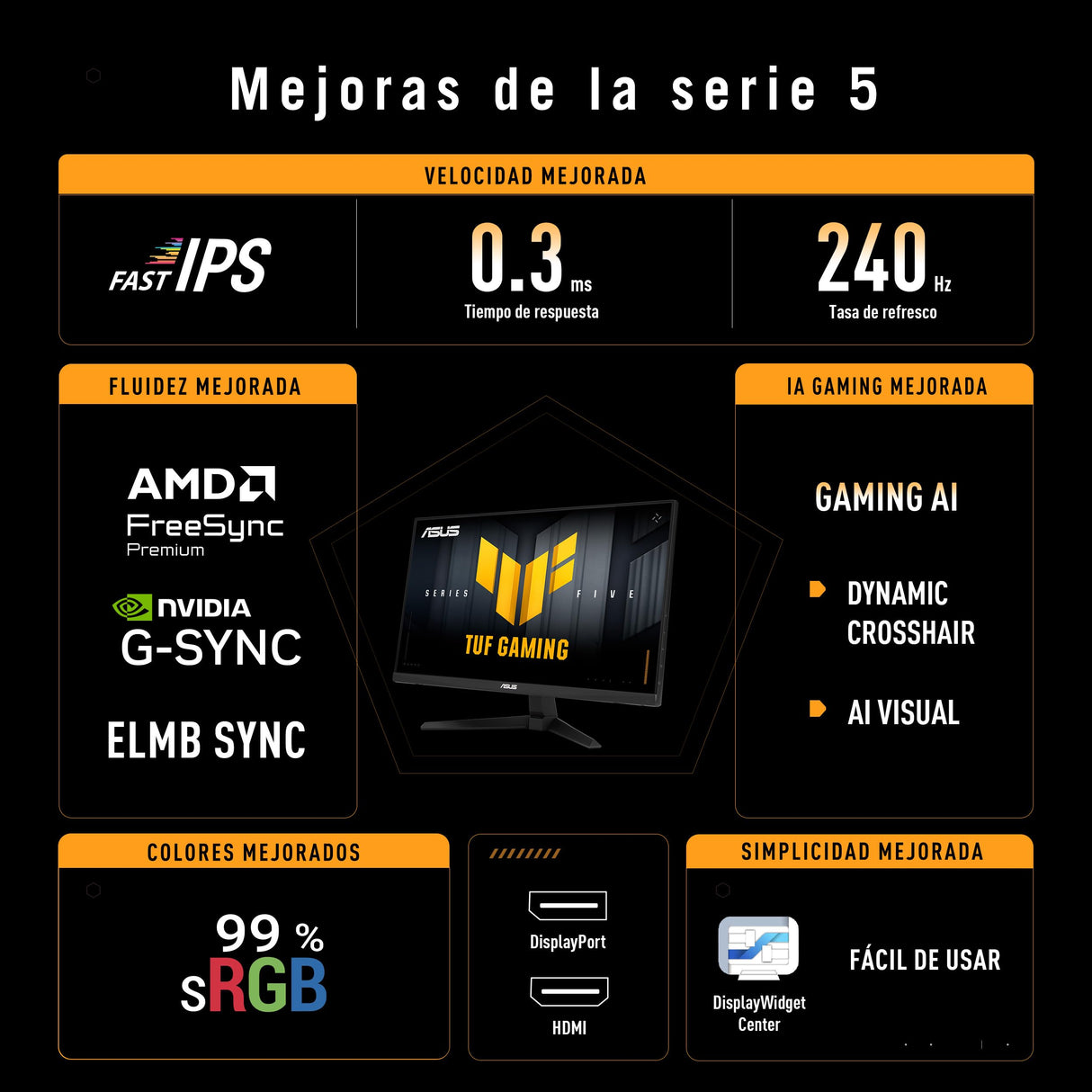 ASUS TUF Gaming VG279QM5A Monitor de 27 Pulgadas Full HD Fast IPS, 240 Hz, 0.3 ms, Compatible con G-Sync, AMD FreeSync Premium, ELMB Sync, 99% sRGB, DisplayWidget Center, Gaming AI
