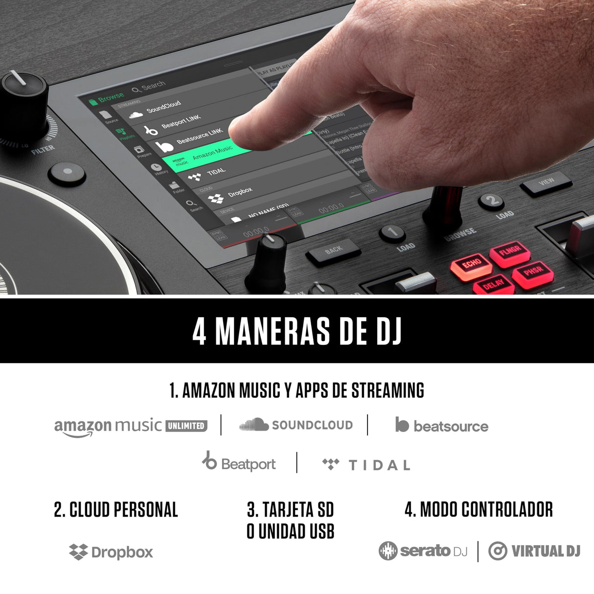 Numark Mixstream Pro+ Controlador DJ, separación de stems, 2 decks, streaming por wifi, mezclador, pantalla táctil 7" y altavoces; Serato y Virtual DJ
