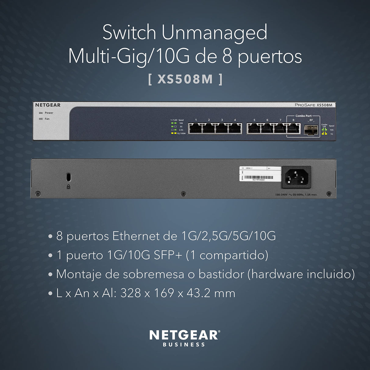 NETGEAR Switch de 8 puertos y 10 GB XS508M - Switch Ethernet multigigabit - 1 puerto SFP+ 10G - Montaje en sobremesa o en bastidor, y protección ProSAFE de por vida