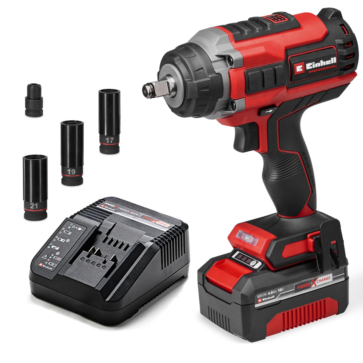 Einhell Professional atornillador de impacto con batería IMPAXXO 18/450 (1x4,0Ah) Power X-Change (18 V, 450 Nm, brushless, alojamiento cuadrado exterior, incl. batería 4 Ah, cargador, juego de llaves)