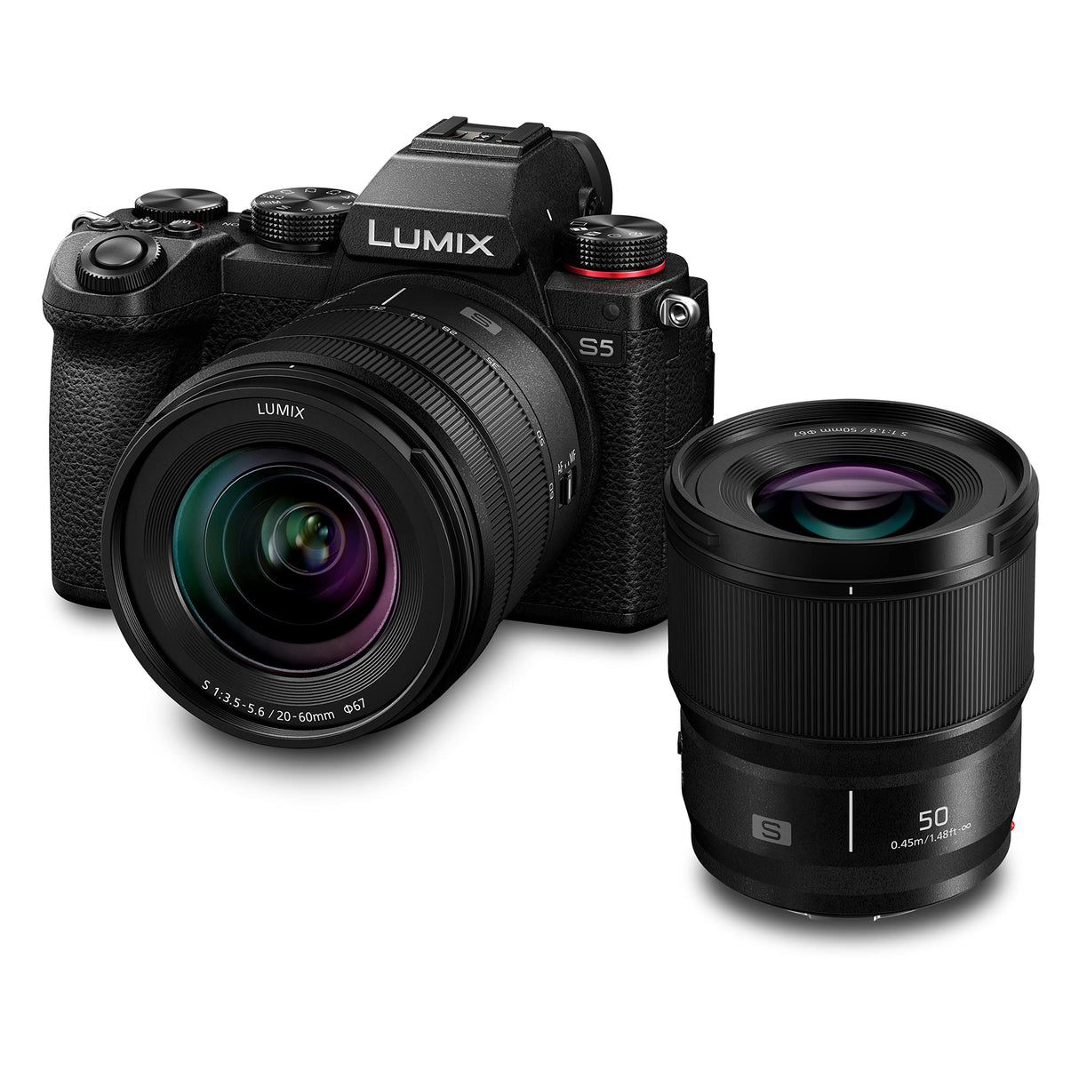 Panasonic LUMIX DC-S5 S5 Cámara sin Espejo de Marco Completo, grabación de Video 4K 60P con Pantalla abatible, Montaje en L, 20-60mm F3.5-5.6 y 50mm F1.8 Lentes, 5-Axis Dual I.S, (Negro)