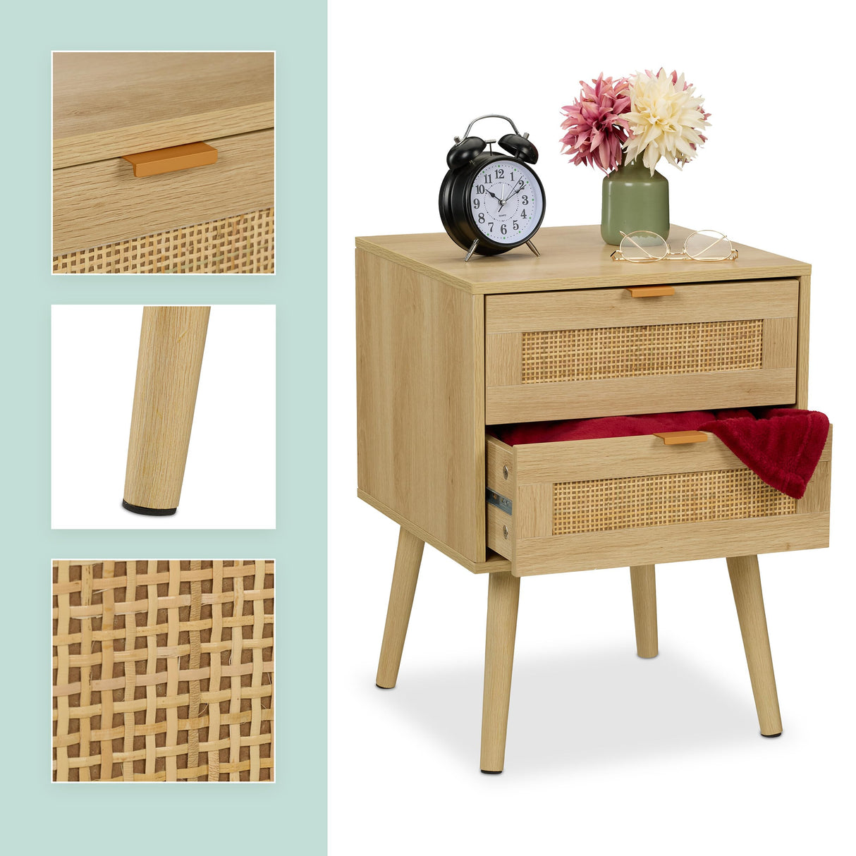 Relaxdays Mesita de Noche, Cajones, Set de 2, Estilo Ratán, Mesilla Dormitorio Efecto Madera, 55 x 40 x 41,5 cm, Natural, Tablero de Fibras, Aluminio, 2 Unidades