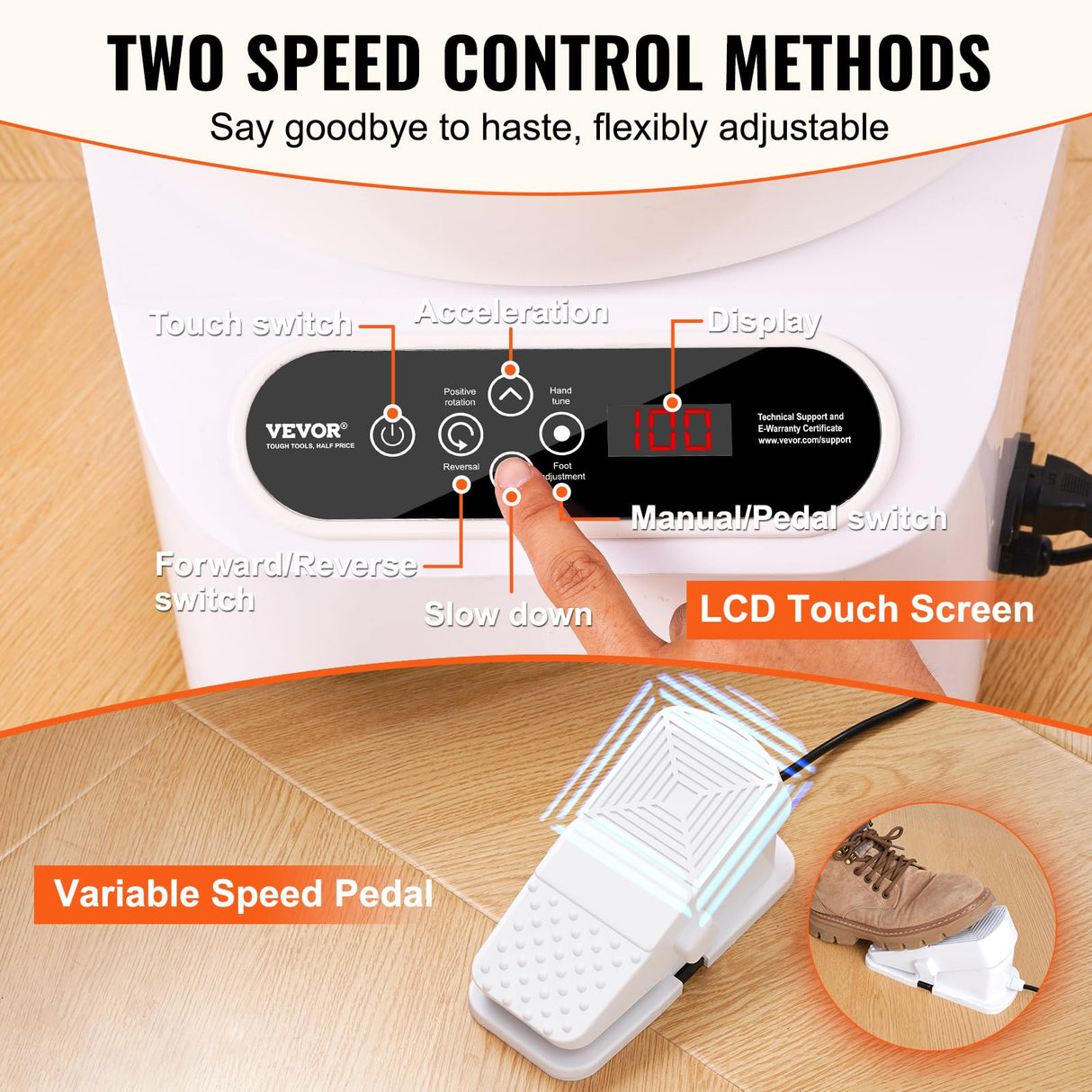 VEVOR Torno de Alfarería Eléctrico 250 mm 350 W con Pedal Pantalla Táctil LCD Mini Torno de Alfarería con 4 Patas de Soporte Rango de Velocidad de 50-300 rpm para Manualidades de Cerámica DIY, Blanco