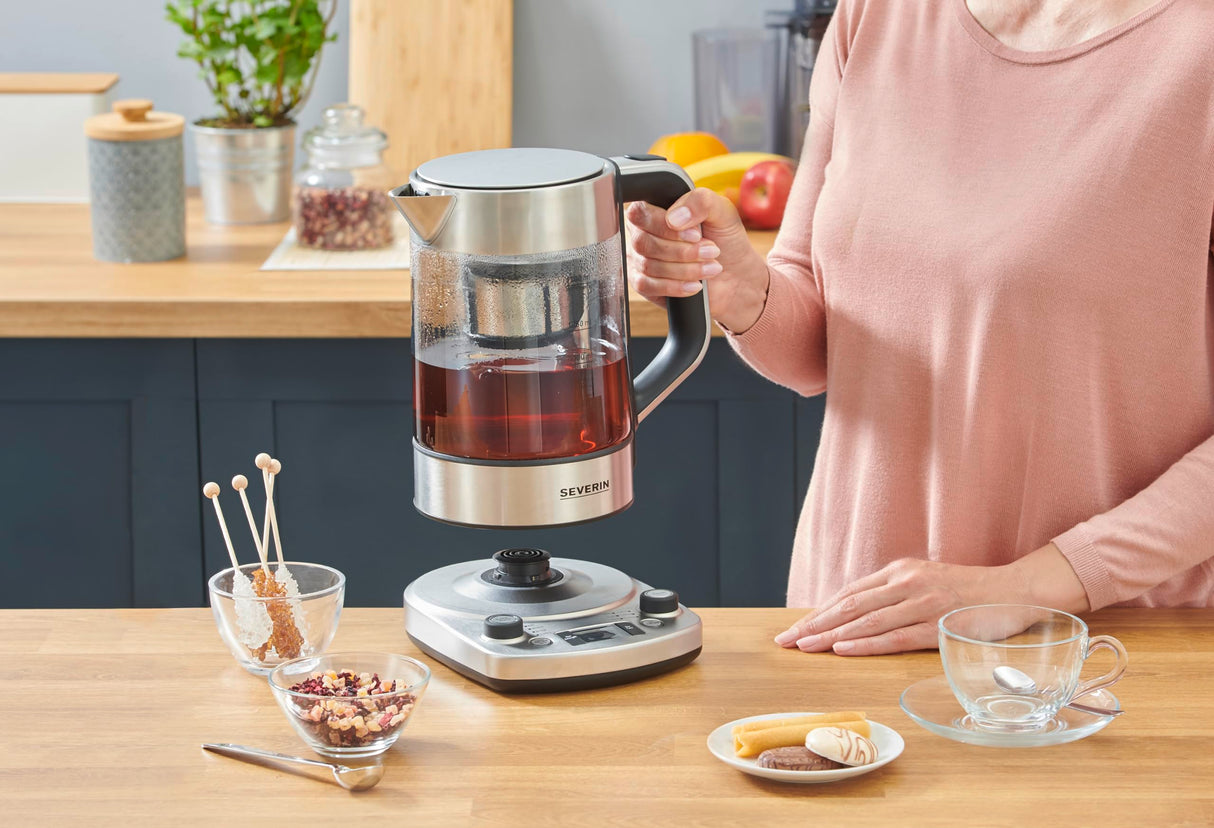 SEVERIN - Hervidor de té y agua de cristal con elevación automática, 1.7 L, 3000 W, Elemento calefactor oculto por placa de acero inoxidable, acero inoxidable y cristal, WK 3422