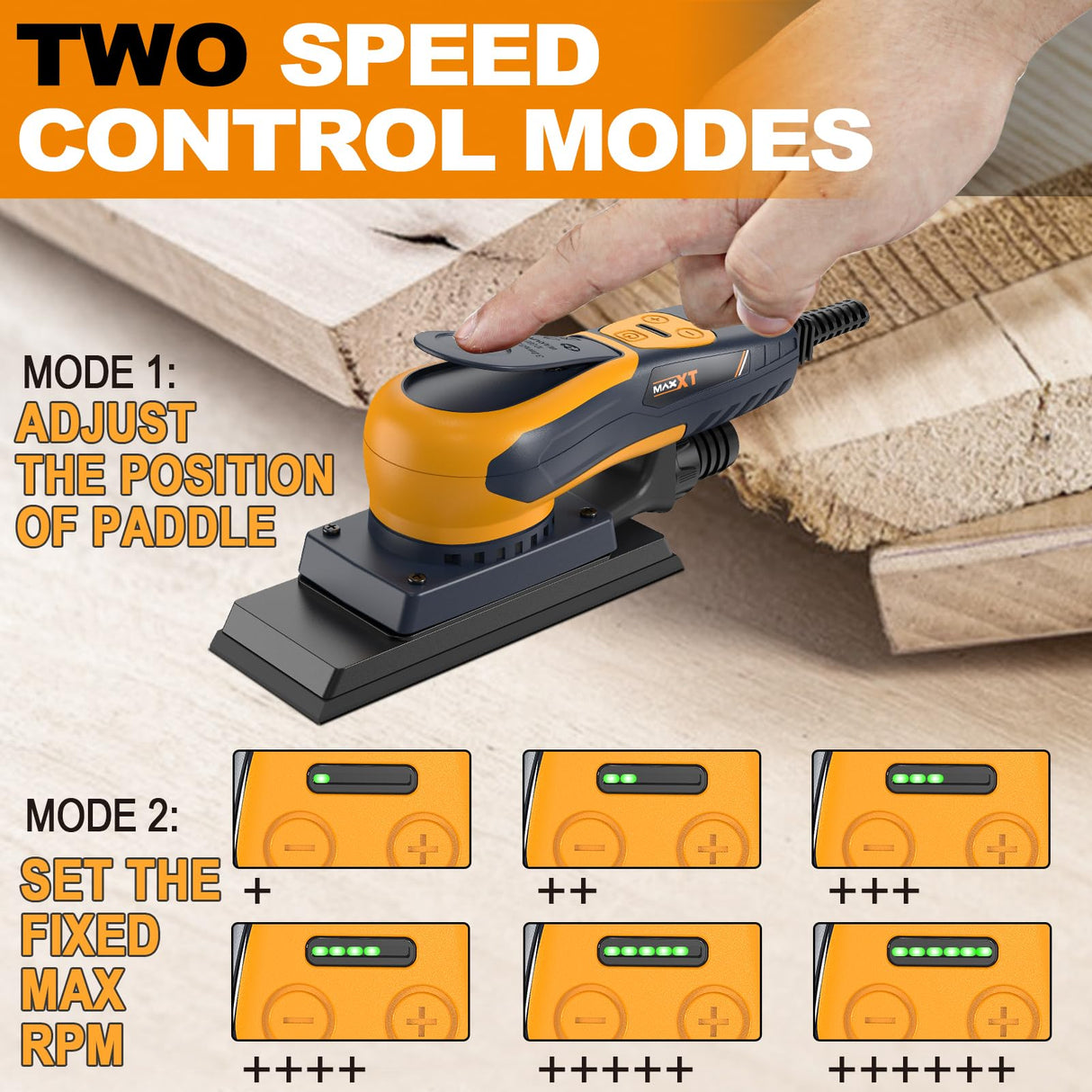 MAXXT Lijadora orbital 3.0 sin escobillas 350W, velocidad ajustable 4000-10000/RPM, freno automático 2s, recogida automática de polvo, superficie de lijado 198x70mm, 10 hojas abrasivas