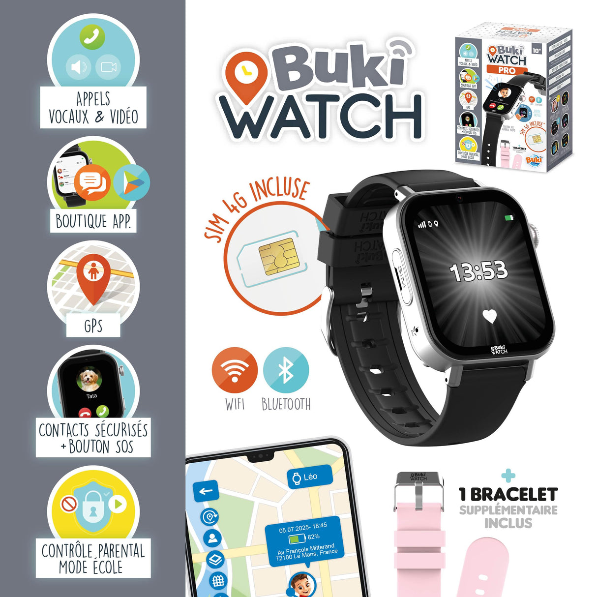 BUKI France PRO01 - Reloj inteligente para niños con tarjeta SIM incluida, llamadas, GPS, vídeo, WiFi, Bluetooth, botón SOS, aplicación parental, ideal para primer teléfono, BUKI Watch Pro a partir de