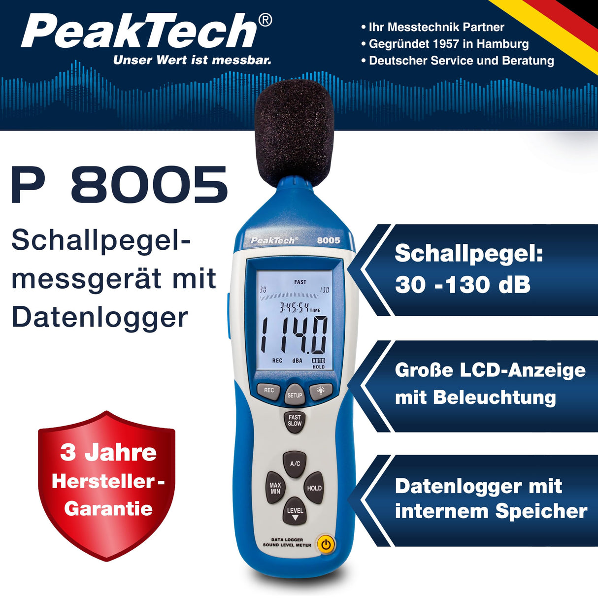 PeakTech 8005 – Medidor de nivel de sonido clase 2 con grabación (32000 valores medidos), calibrado, USB, medidor de dB, Min / Max, registrador de datos, salidas de CA / CC, 30 dB - 130 dB