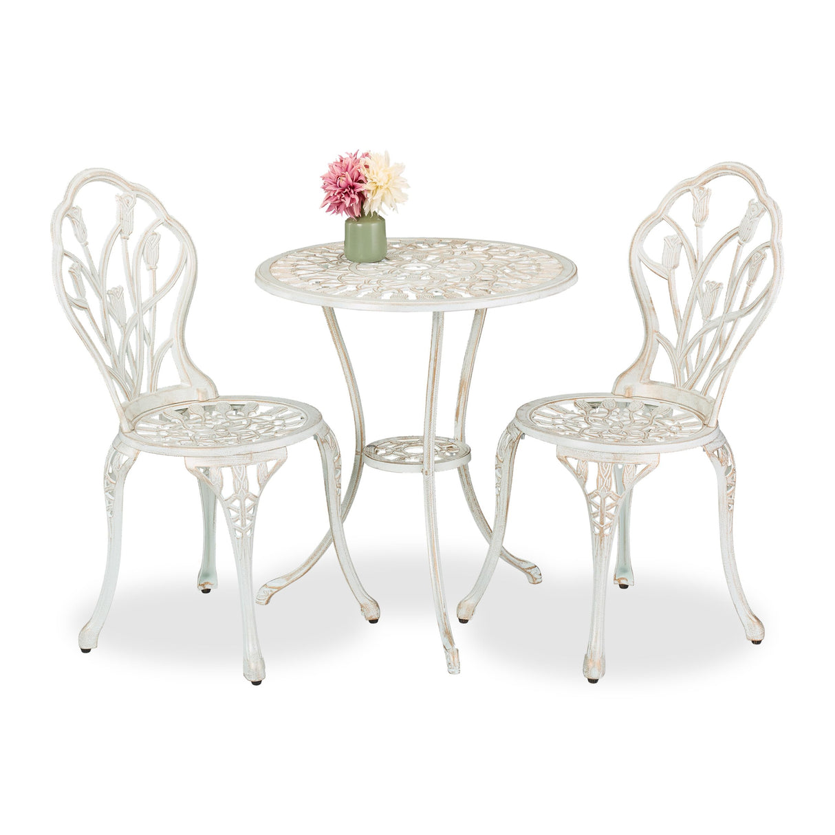 Relaxdays Mesa y Sillas Terraza, Conjunto Jardín Exterior, Aluminio Fundido, Muebles Patio Diseño Antiguo, Blanco/Bronce, 67 x 60 cm