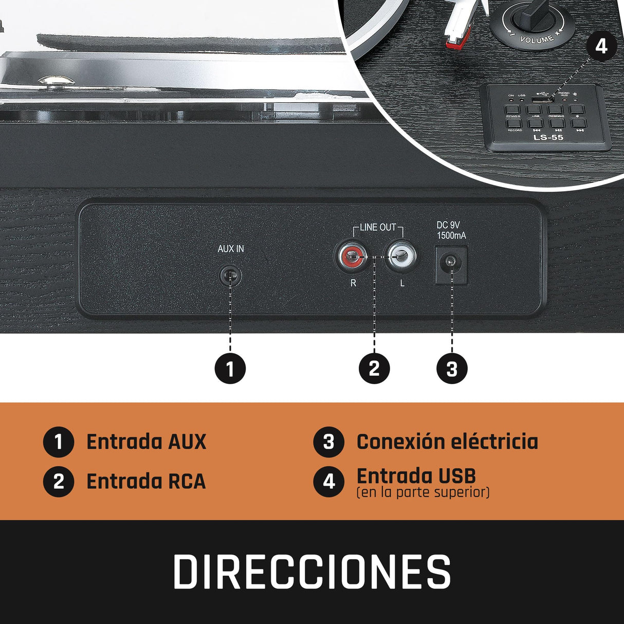 Tocadiscos Lenco LS-55 con Altavoces Integrados - Recepción Bluetooth - Codificación Directa de MP3 a Medios de Almacenamiento - 2 x 5 vatios RMS - Entrada USB - AUX - Marrón