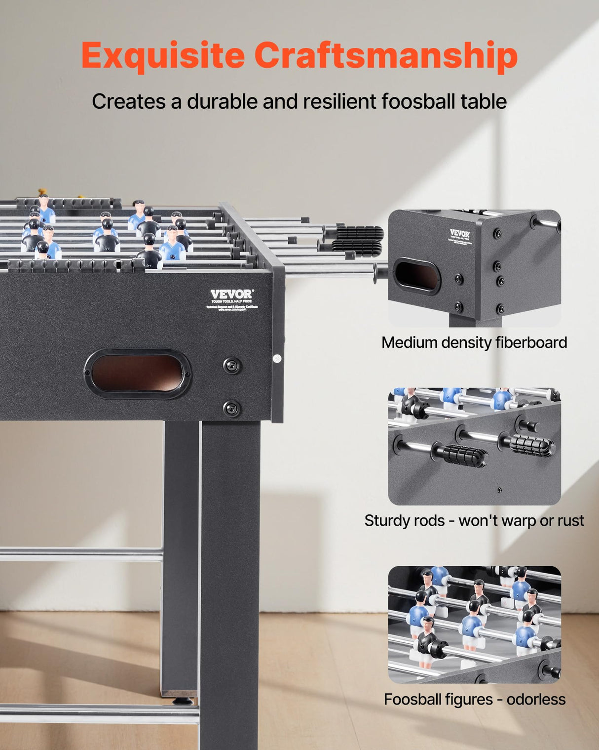 VEVOR Mesa de Futbolín, Tamaño Estándar, Ideal para Interiores, Hogar, Familia y Sala de Juegos, Juego de Fútbol Resistente, Incluye 2 Pelotas, Marcador y 2 Portavasos, 1212 x 610 x 838 mm, Negro