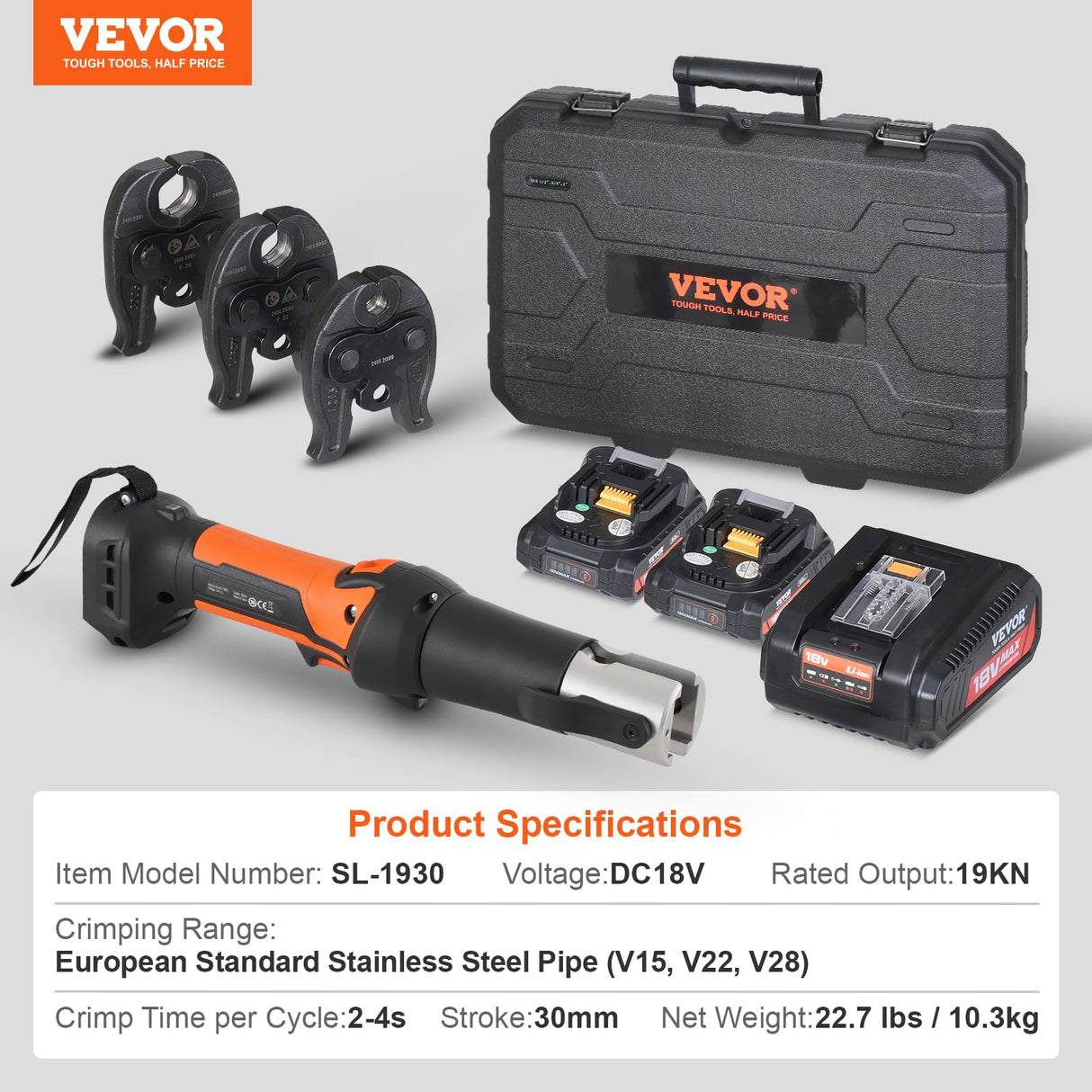 VEVOR Kit de Herramientas para Engarzar Tuberías Eléctricas con 2 Baterías de 18 V 2,0 Ah, Engarzadora Profesional con Mandíbulas V15, V22, V28, Cargador Rápido y Estuche de Transporte 360°