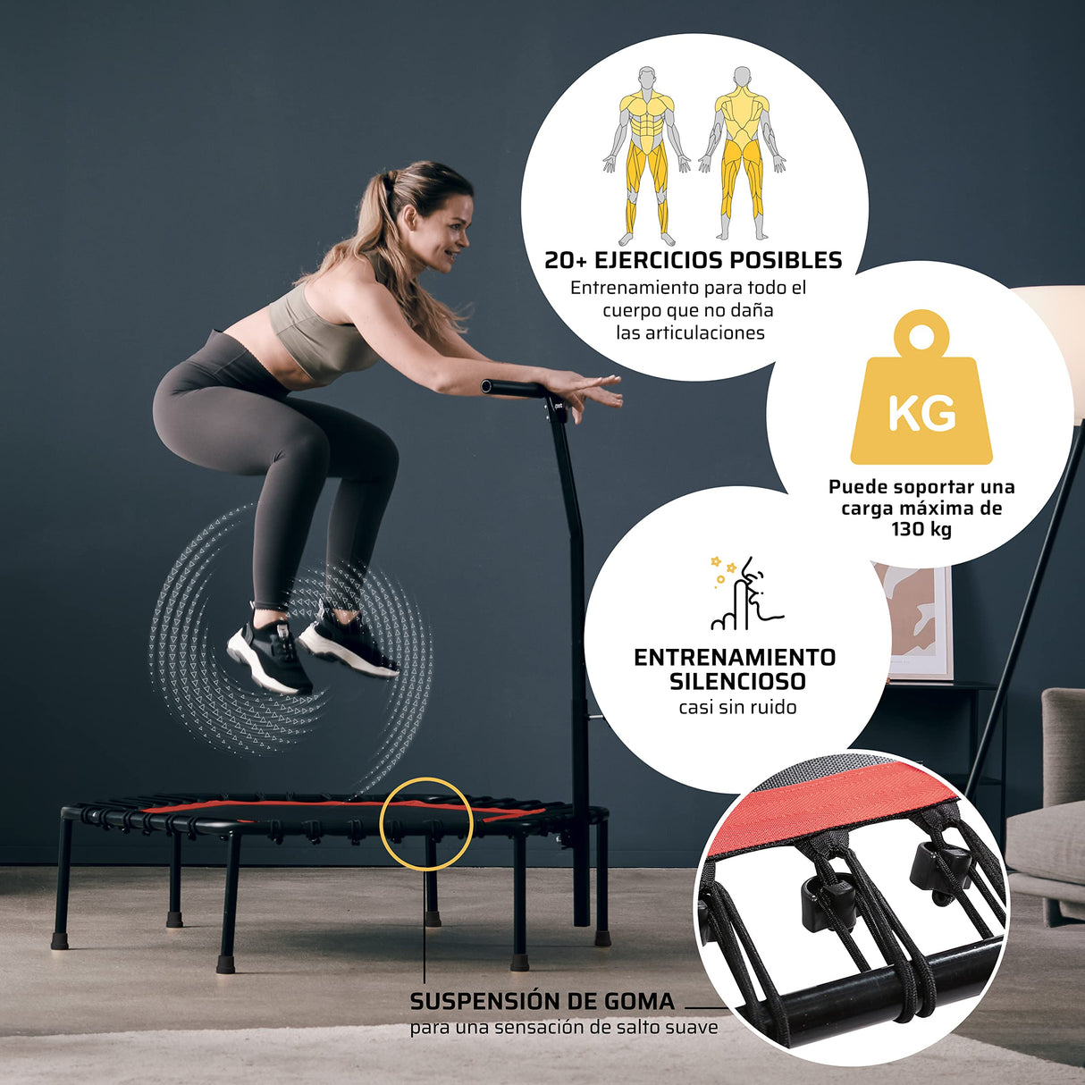 SportPlus Trampolín Fitness con Mango Regulable – Cama Elástica para Adultos – Ideal para Ejercicios en Casa - Carga Máxima de 130 Kg - Diámetro 110 cm