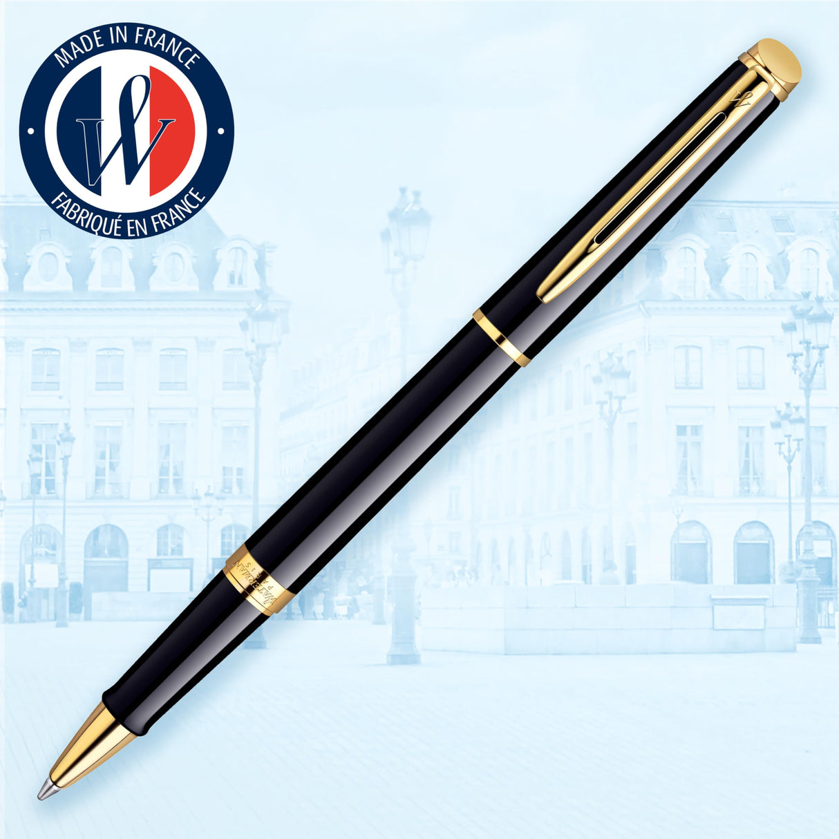 Waterman Hémisphère rotulador roller | color negro brillante con adorno de oro de 23 quilates | punta fina con cartucho de tinta negra | estuche de regalo