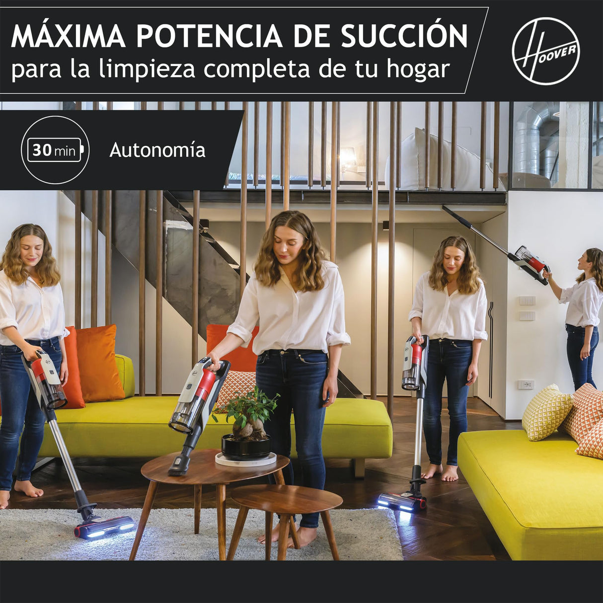 Hoover HF9 Home HF910H, Aspiradora Escoba sin Cable, sin Bolsa, 3 en 1, Escoba, de Mano y Vertical, Cepillo Antienredos, Autonomía 30 min, Color Gris/Rojo