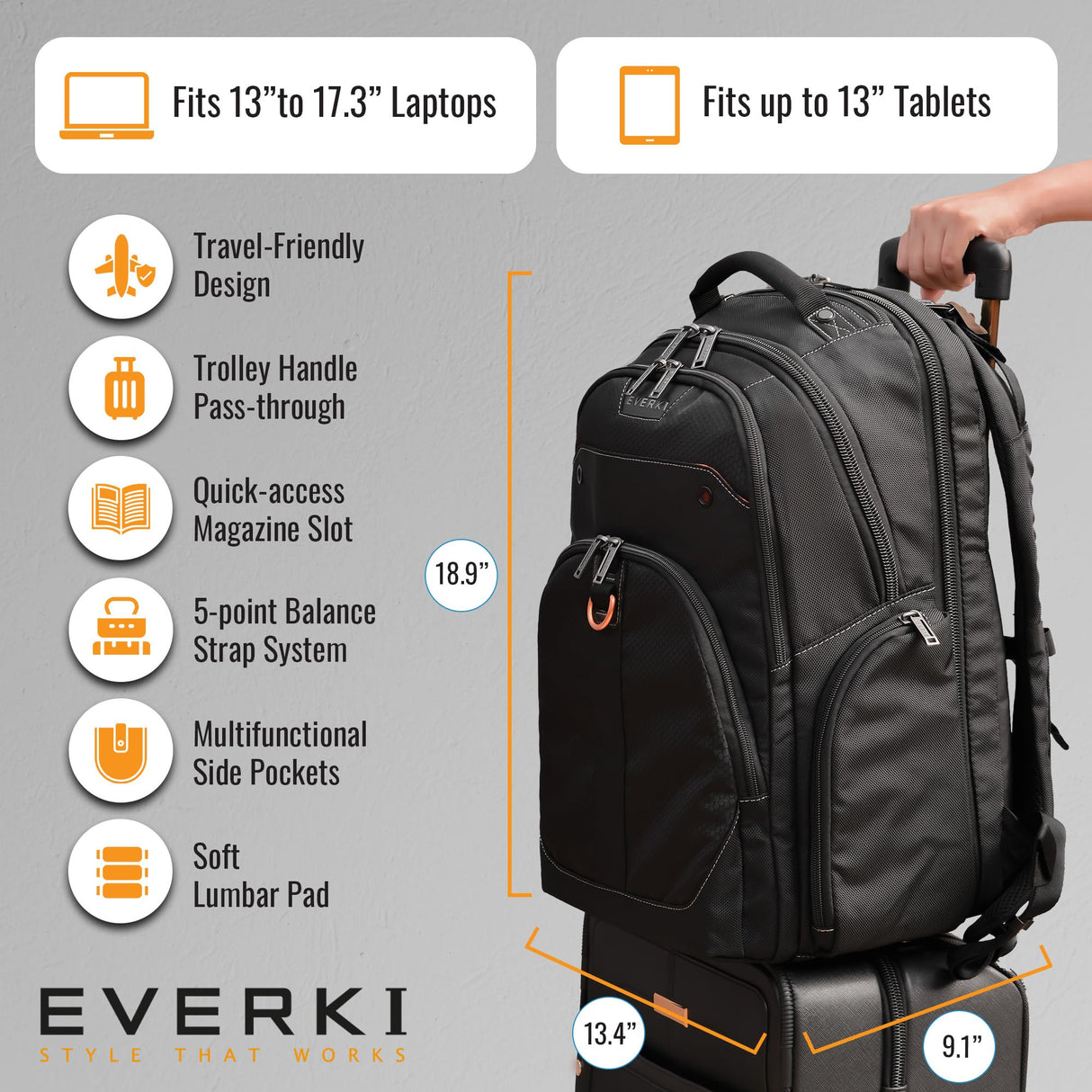 Everki Atlas - Mochila para portátil con Compartimento Ajustable para portátil de 13 a 17,3 Pulgadas (33-43,9 cm), Trolley Flap, Concepto Plano Bien pensado y Otras Funciones, Negro, EKP121-1