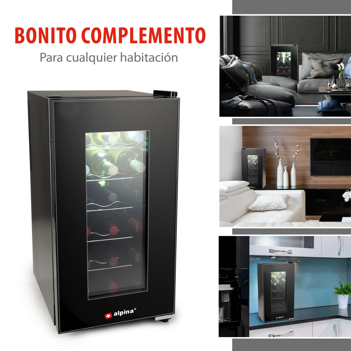 alpina Vinoteca - 230V - 18 Botellas/50L - Vinoteca - Temperatura regulable 11°C a 22°C - Puerta de Cristal e Iluminación Interior - Poco o Ningún Ruido - Negro