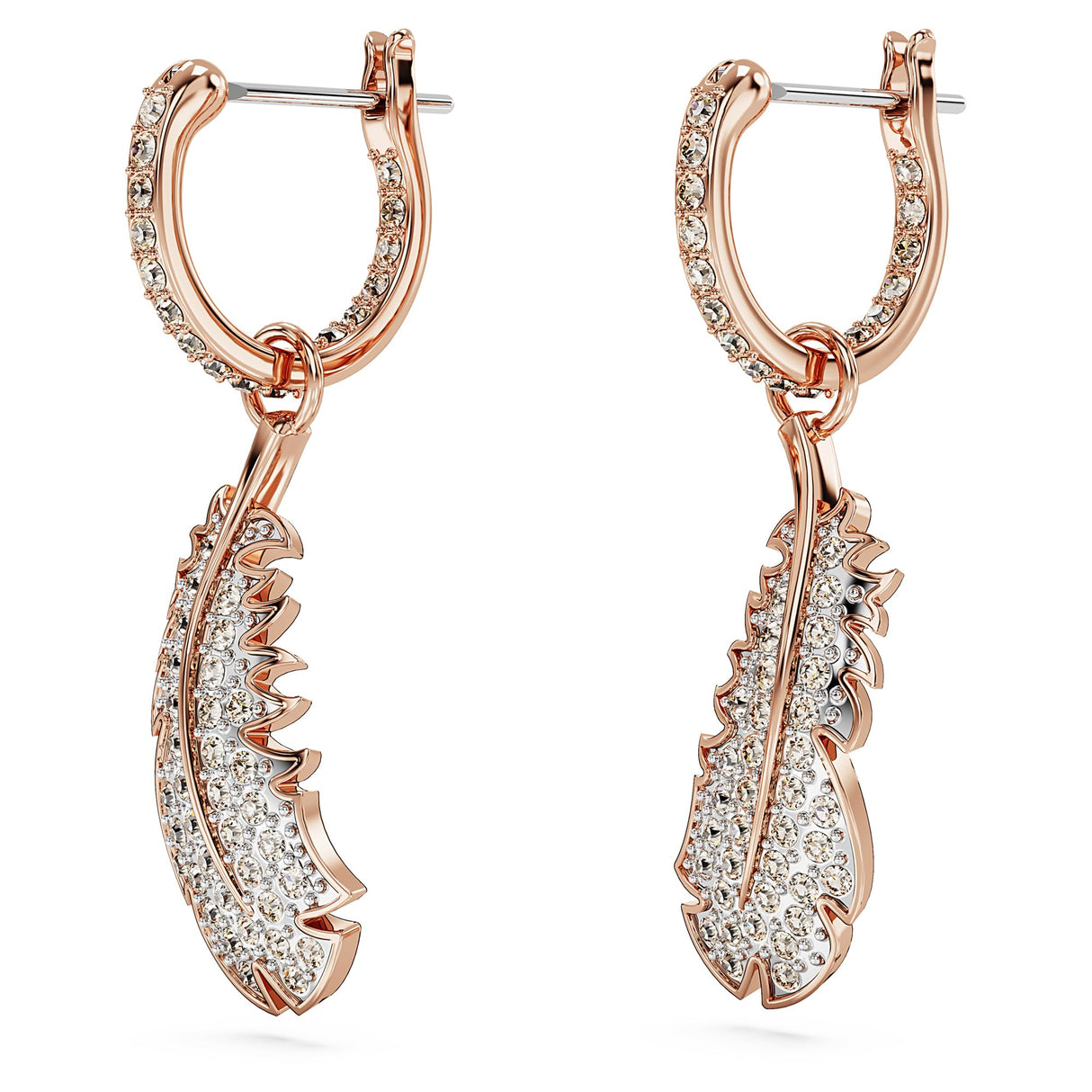 Swarovski Pendientes Nice, Motivo de Pluma, Cristales Blancos, Baño tono oro rosa