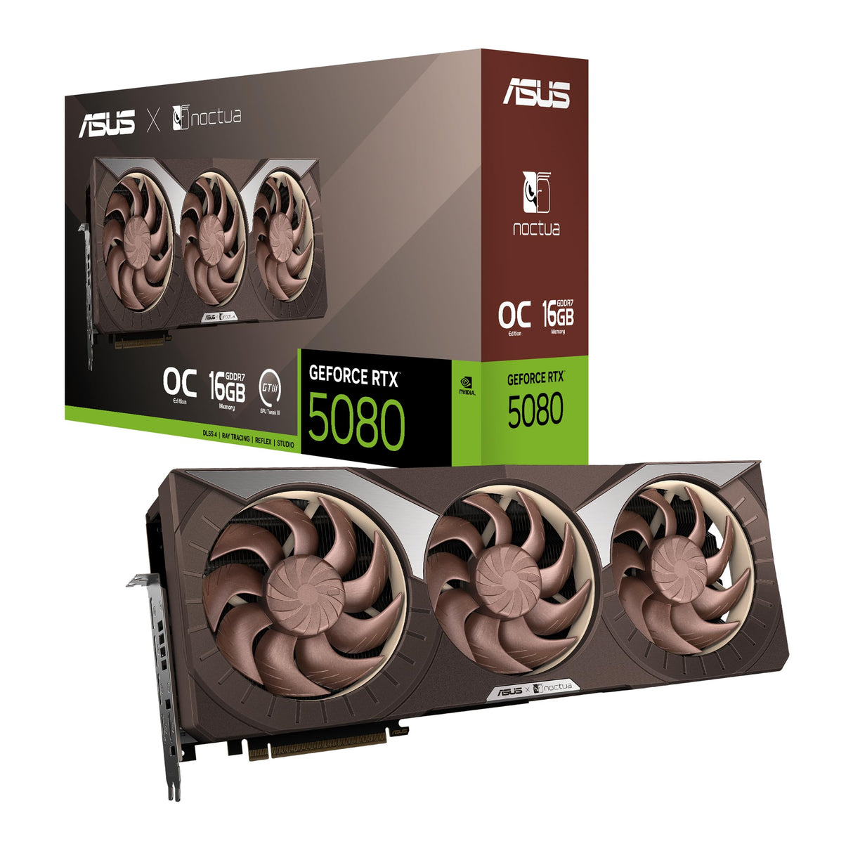 ASUS Tarjeta gráfica GeForce RTX 5080 16 GB GDDR7 Noctua OC Edition Gaming (Nvidia RTX5080, NVIDIA Blackwell, DLSS 4, PCIe 5.0, 2 x HDMI 2.1b, 3X DisplayPort 2.1b, RTX5080-O16G-NOCTUA)