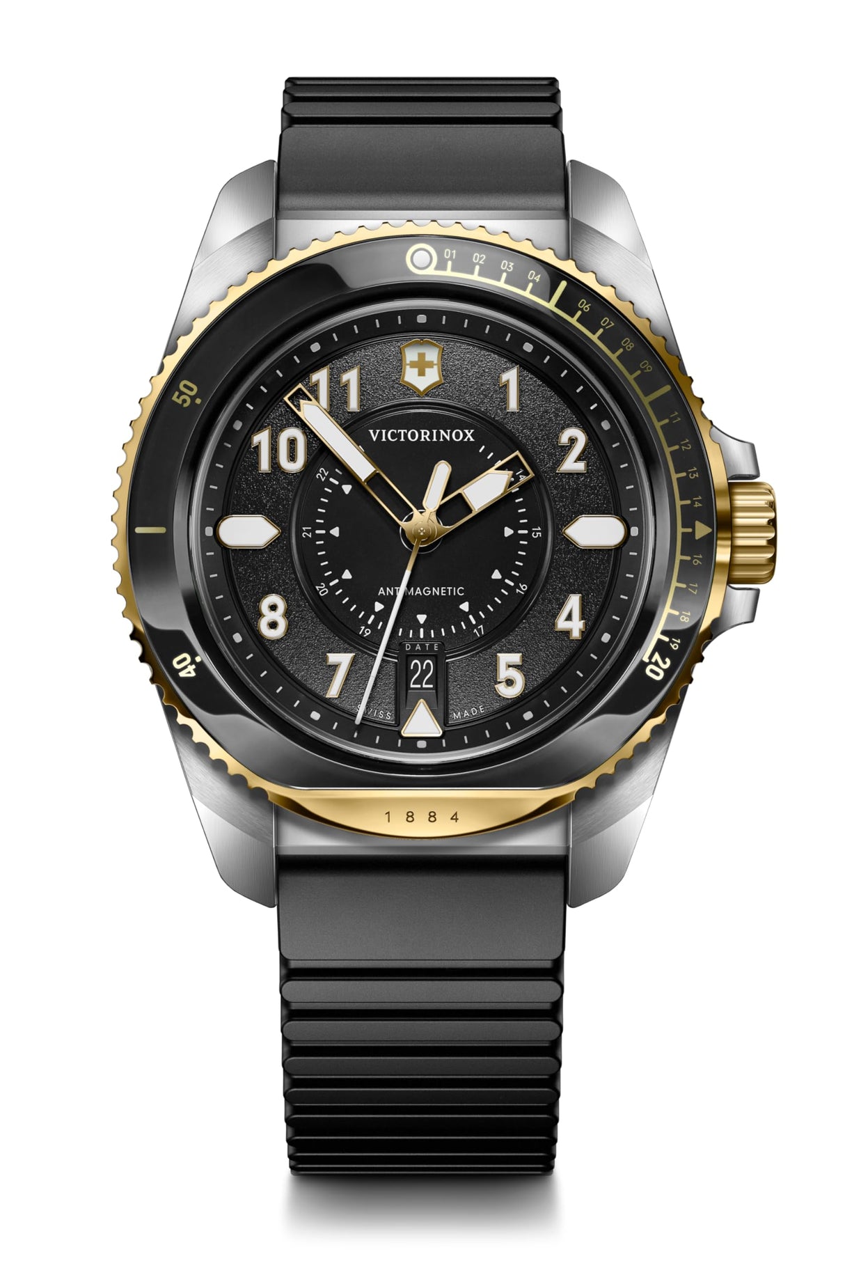 Victorinox Journey 1884 Ø 43 mm Reloj de Pulsera de Hombre, Swiss Made, Cuarzo analógico, Sumergible hasta 200 m, Pulsera de Caucho, Negro