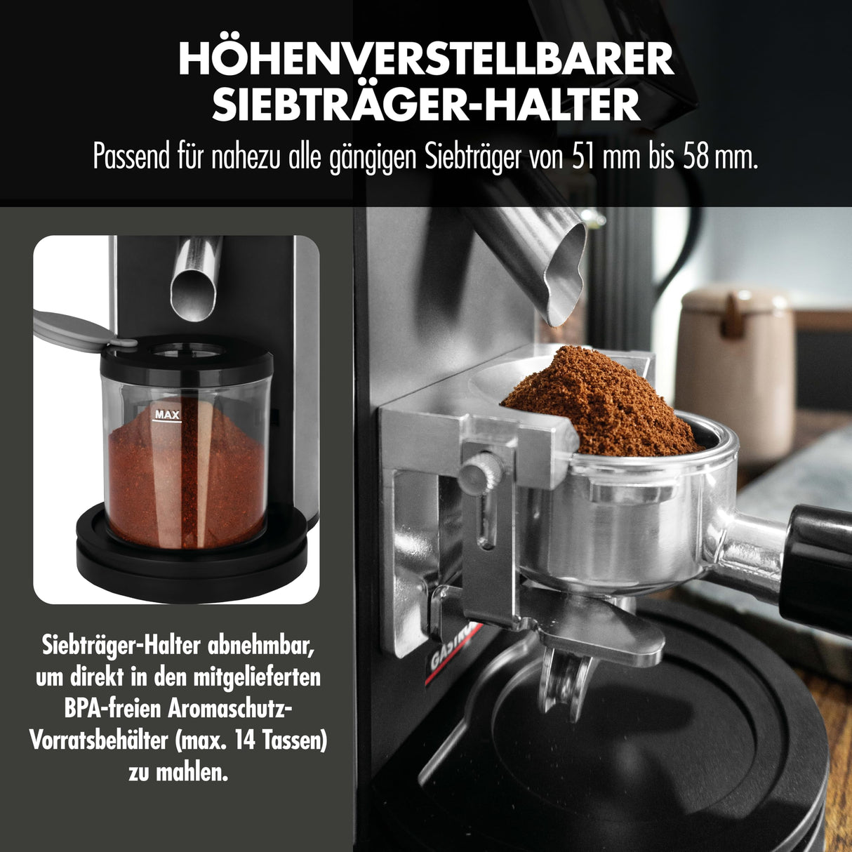 GASTROBACK Barista Molinillo de café eléctrico para máquina portafiltros, grado de molienda ajustable en 30 niveles, molinillo cónico, molinillo de café eléctrico, molinillo de café expreso
