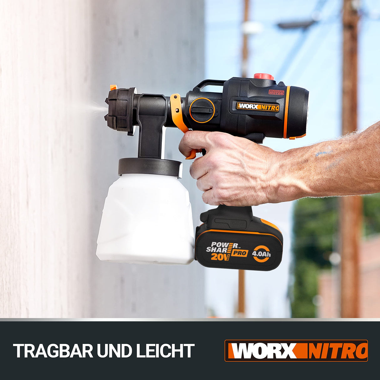 WORX WX020 Nitro - Sistema de pulverización de Pintura con batería (20 V, Potente Motor sin escobillas, 3 pulverizadores y 4 tamaños de Boquilla, fácil Limpieza, pulverización Uniforme, Incluye