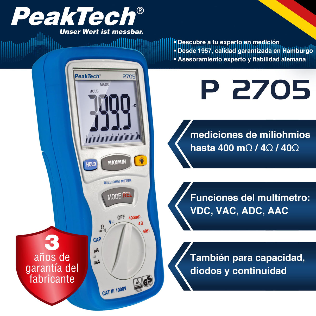 PeakTech 2705 – Miliamperímetro digital con cables de prueba Kelvin de 4 pines, TUV/GS, medición de miliohmios, corriente, multímetro, probador de continuidad, gráfico de barras - CAT III 1000 V