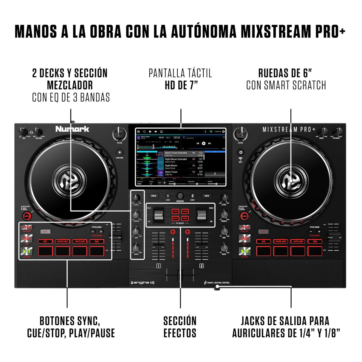 Numark Mixstream Pro+ Controlador DJ, separación de stems, 2 decks, streaming por wifi, mezclador, pantalla táctil 7" y altavoces; Serato y Virtual DJ
