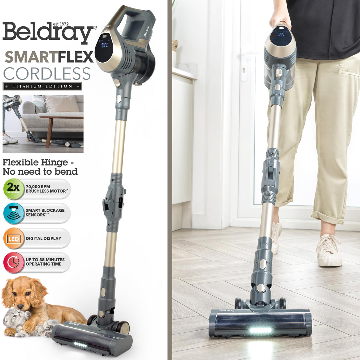 Beldray BEL01727TTVDE Titanium Smartflex inalámbrico Vacuum Cleaner – Multi-ciclónico 1L Stick Vac, Flexi-Bisagra, LED Digital Display, Indicador de Nivel de batería, Sensor de Bloqueo Inteligente,
