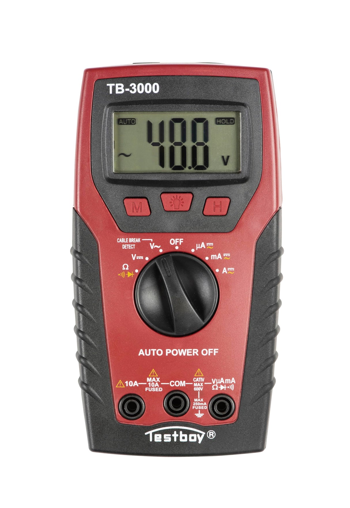 Multímetro digital Testboy 3000 con detector de rotura de cable y nivel de seguridad CAT IV (linterna LED, rango automático, retención de datos, carcasa de plástico ABS), rojo/negro