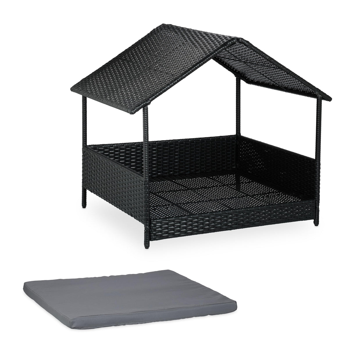 Relaxdays Cama Elevada para Perros con Techo, 81x90x68 cm, Poliratán, Tumbona para Mascotas con Cojín, Exterior, Gris