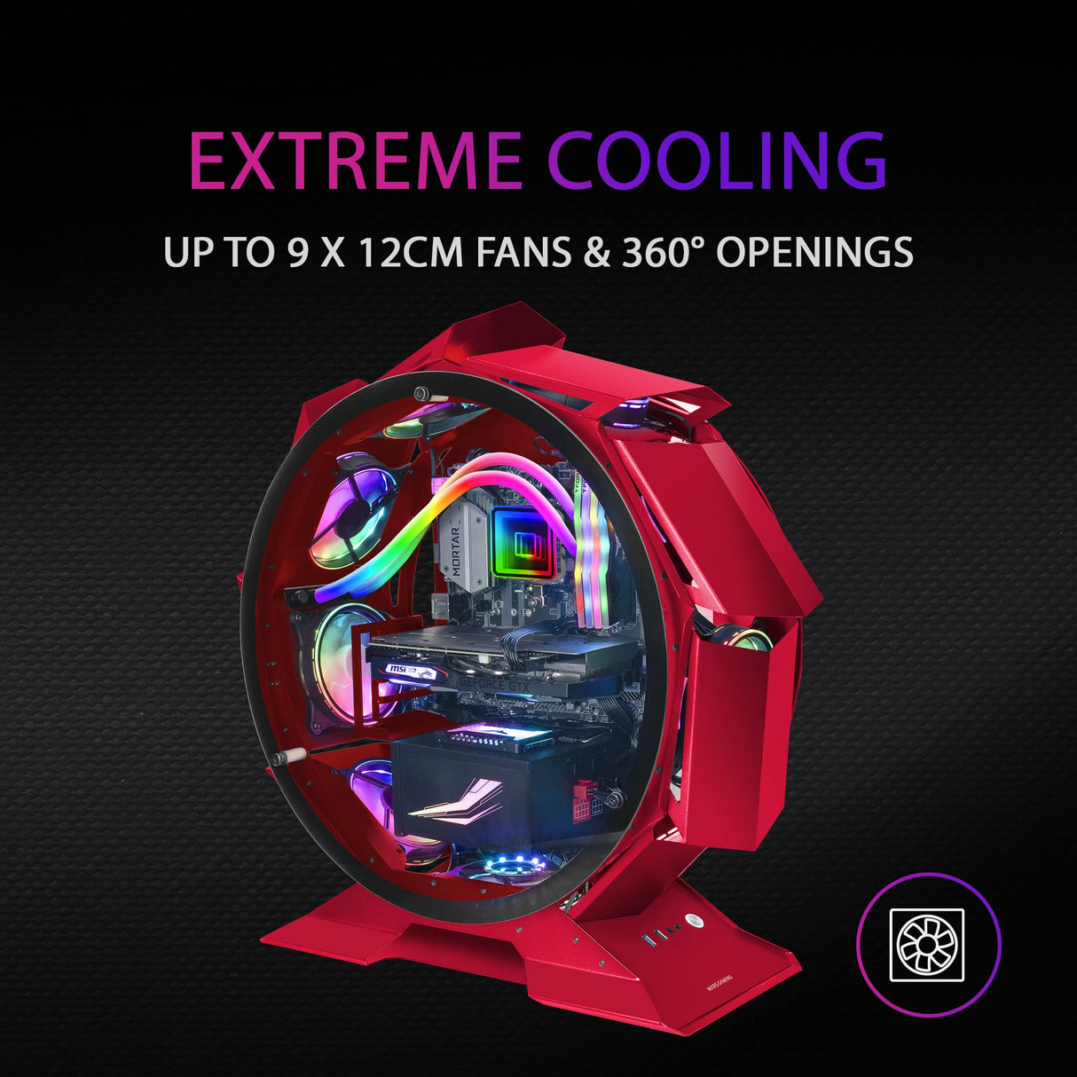 Mars Gaming MCORB, Caja de Ordenador Gaming Micro-ATX XL, Diseño Circular Custom, Doble Cristal Templado, Chasis PC, Rojo