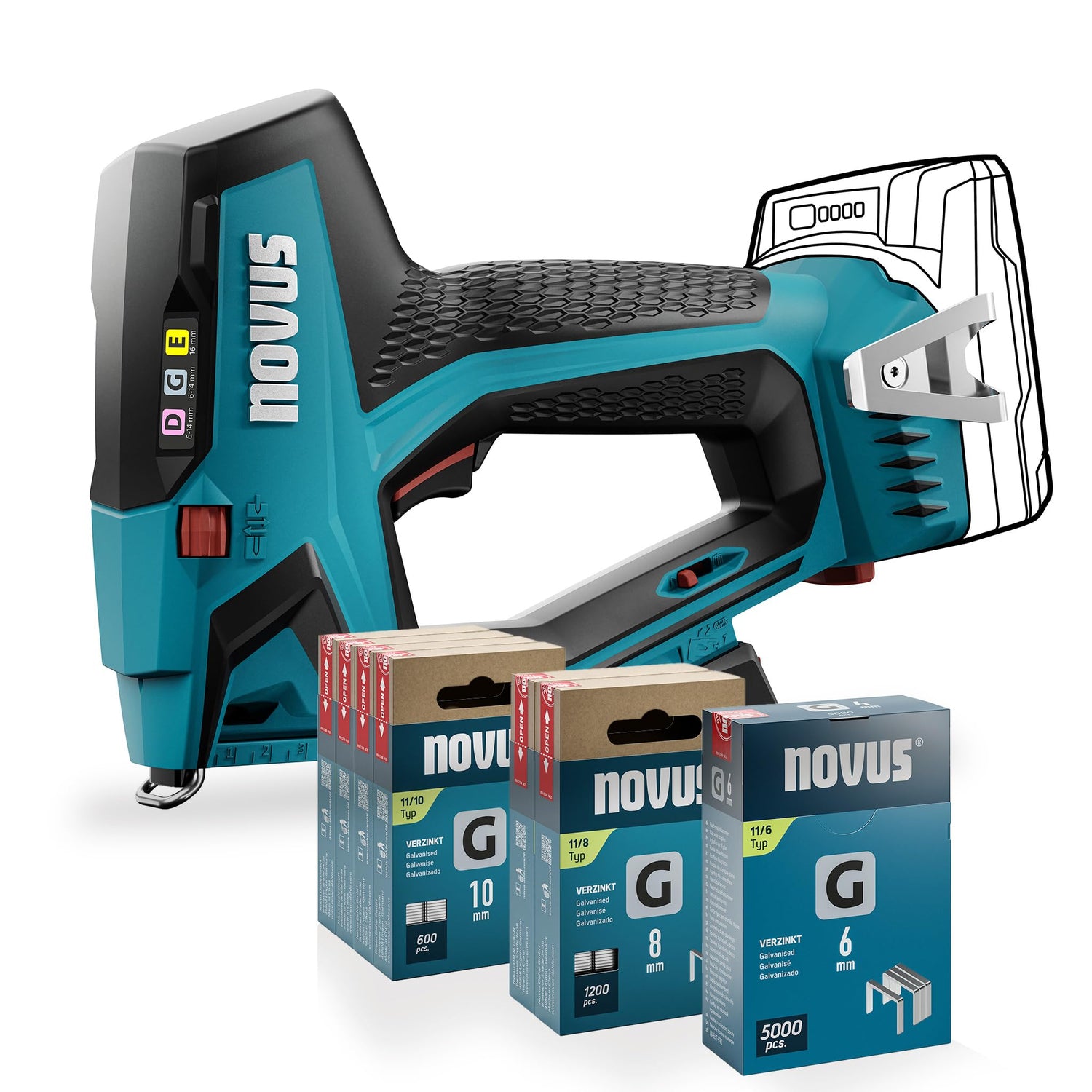 NOVUS TOOLS Juego de grapadora de batería J-551 con 9.800 grapas, para grapas de alambre plano de 6-14 mm y clavos de 16 mm, compatible con batería CAS de iones de litio de 18 V, sin batería ni