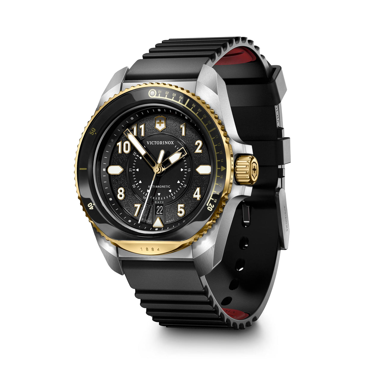 Victorinox Journey 1884 Ø 43 mm Reloj de Pulsera de Hombre, Swiss Made, Cuarzo analógico, Sumergible hasta 200 m, Pulsera de Caucho, Negro
