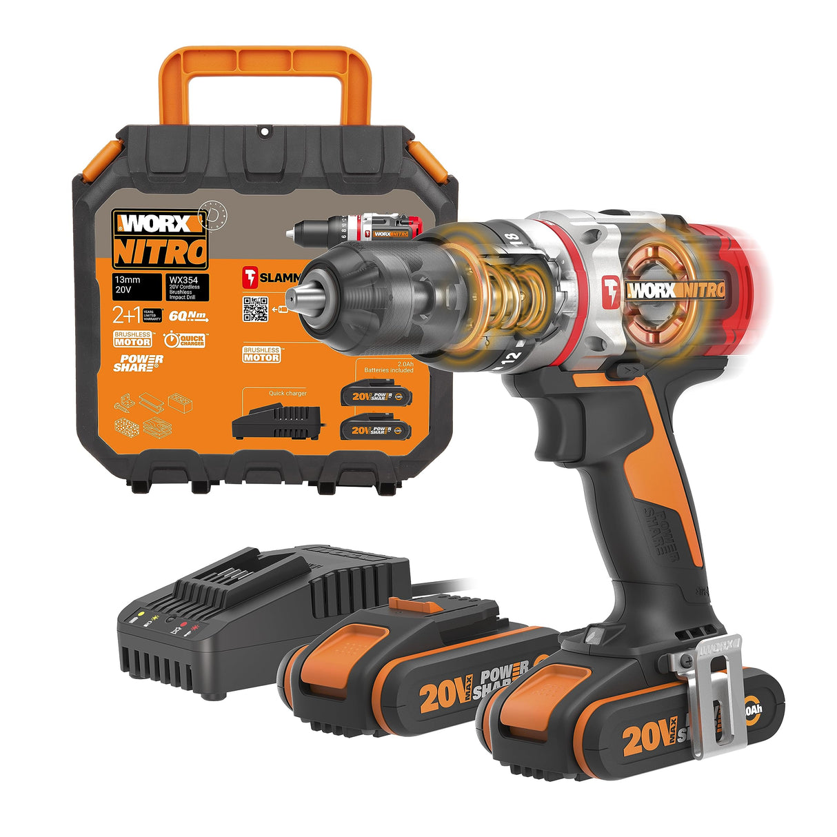 WORX Taladro Percutor Slammer Brushless 20V | PowerShare | WX354 | 2 baterías 2Ah y cargador | Perfora hormigón, motor sin escobillas, velocidad variable, ajustes de par 18+1+1 | Percusión activa