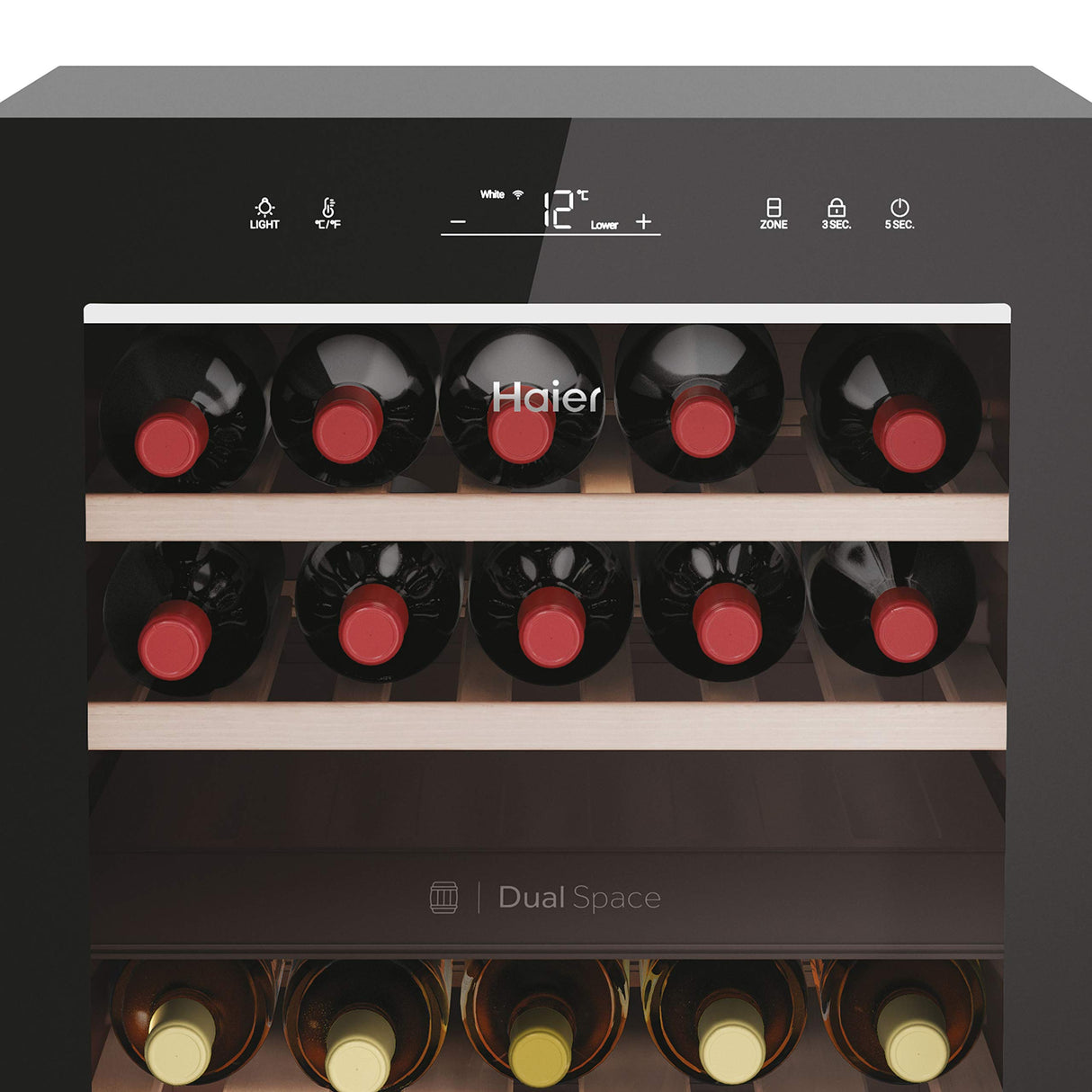 Haier Wine Bank 50 Series 7 HWS42GDAU1- Vinoteca de 42 botellas, Estantes de madera, Filtro Anti-UV, Filtro de carbón, Refrigeración por Compresor, Display Digital, Iluminación LED, Silenciosa 37 dbA