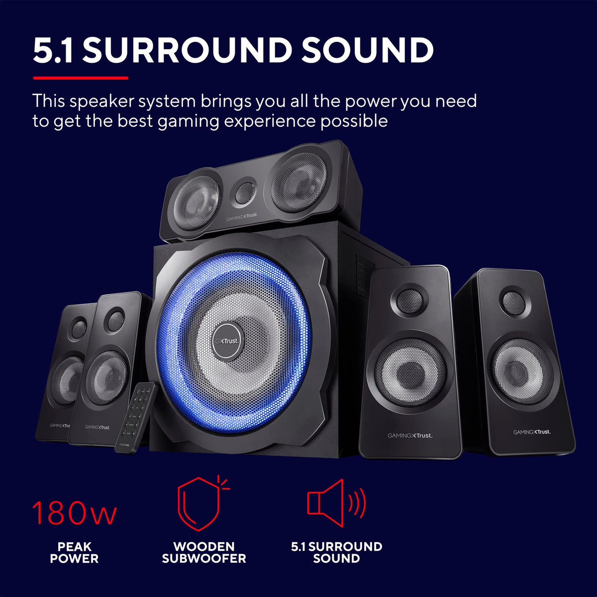 Trust Gaming GXT 658 Tytan 5.1 Sistema de Altavoces con Iluminación LED y Sonido Envolvente, Altavoz Alámbrico, Speaker para PC, Ordenador Portátil, Smart TV, Consola - Negro