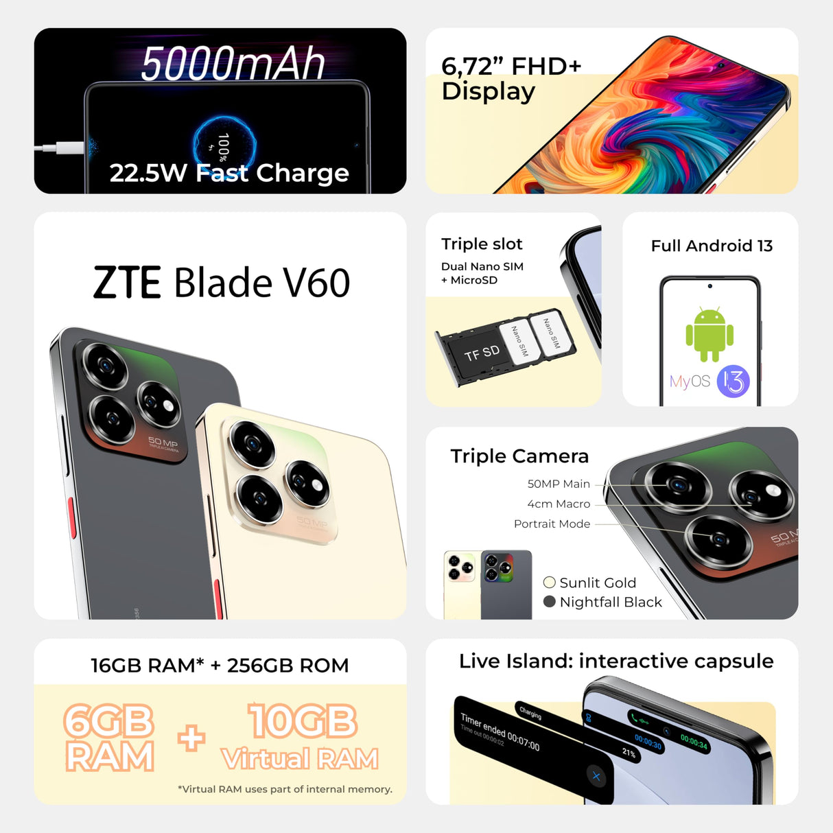 ZTE Blade V60 Smartphone (4G). 6.6” FHD+ | MediaTek Helio G85 | 4GB RAM + 128GB ROM | Cámara 48MP + 8MP | Batería 5000mAh con Carga Rápida 18W | Dual SIM | Android 11 | Ideal para Juegos.