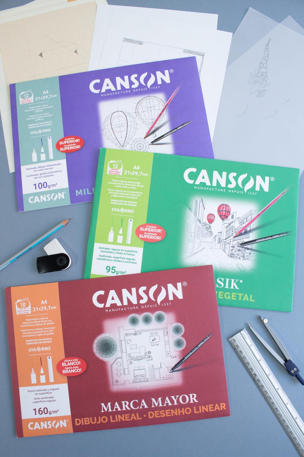 Canson Dibujo Lineal, Papel de dibujo blanco, Suave, 160gsm, Hoja, A3-29,7x42cm, Blanco, 250 Hojas