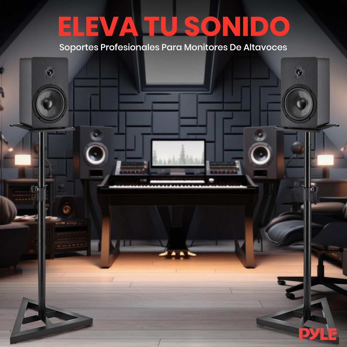 Pyle Soporte Altavoz Suelo, Base Triangular, pies para monitores de Estudio, Altura Ajustable de 26” a 52”. Color Negro. 1 par
