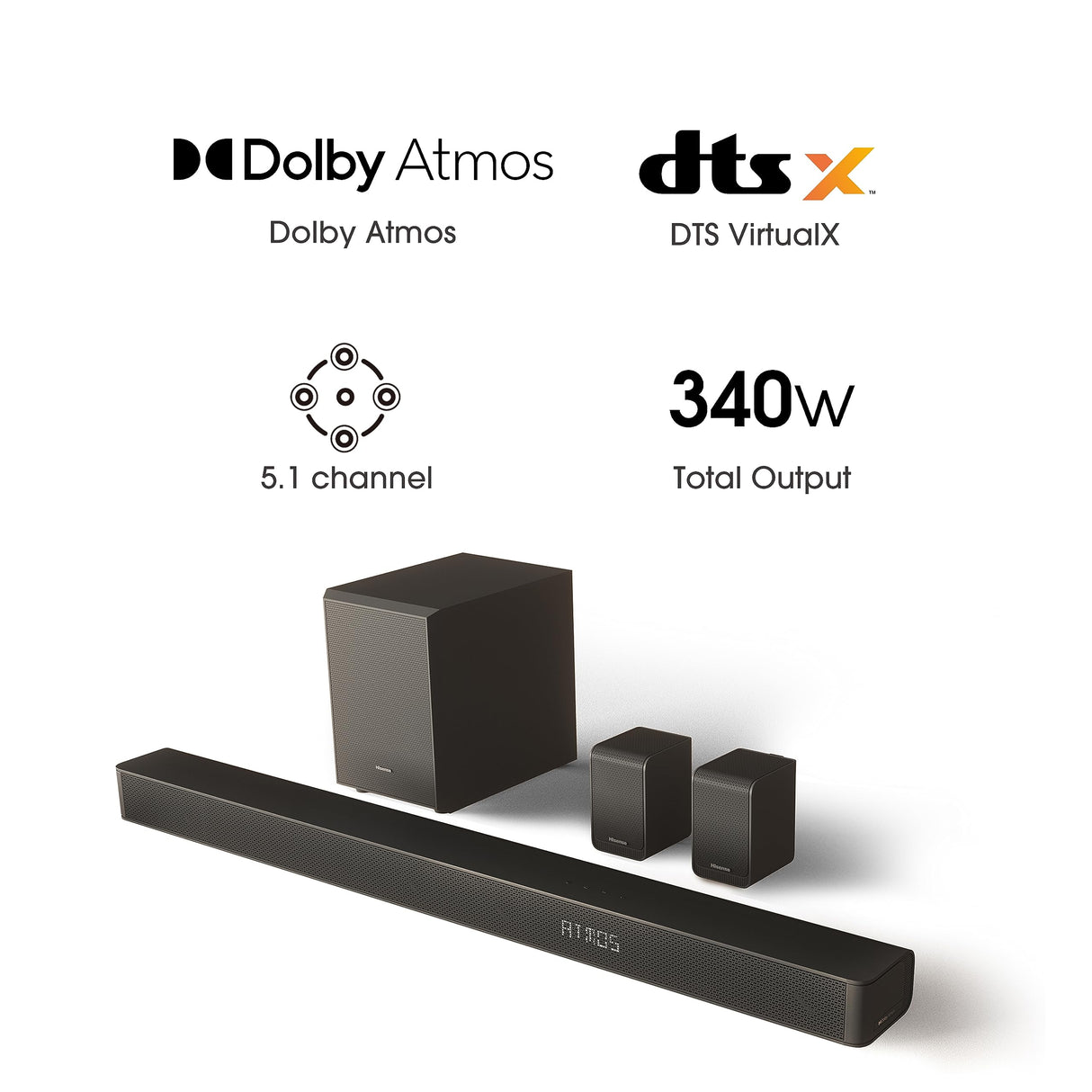Hisense AX5100G - Barra de Sonido 5.1, 340 W, 7 Altavoces y subwoofer 6.5, Dolby Atmos, DTS Virtual X, Bluetooth 5.0, EZ Play