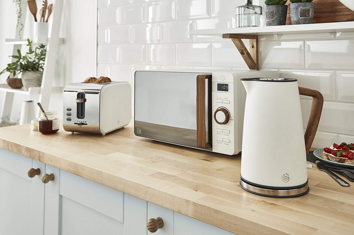 Swan Nordic Set Desayuno Hervidor de agua 1,7L 2200W, Tostadora Pan ranura ancha 2 rebanadas, Microondas 20L digital, diseño moderno, efecto madera, blanco