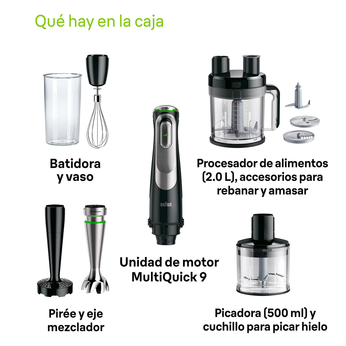 Braun Hogar Minipimer MQ 9187XLI Batidora de Mano, 1200W, vaso medidor, varillas de acero inoxidable, picadora y bol procesador de alimentos, negro