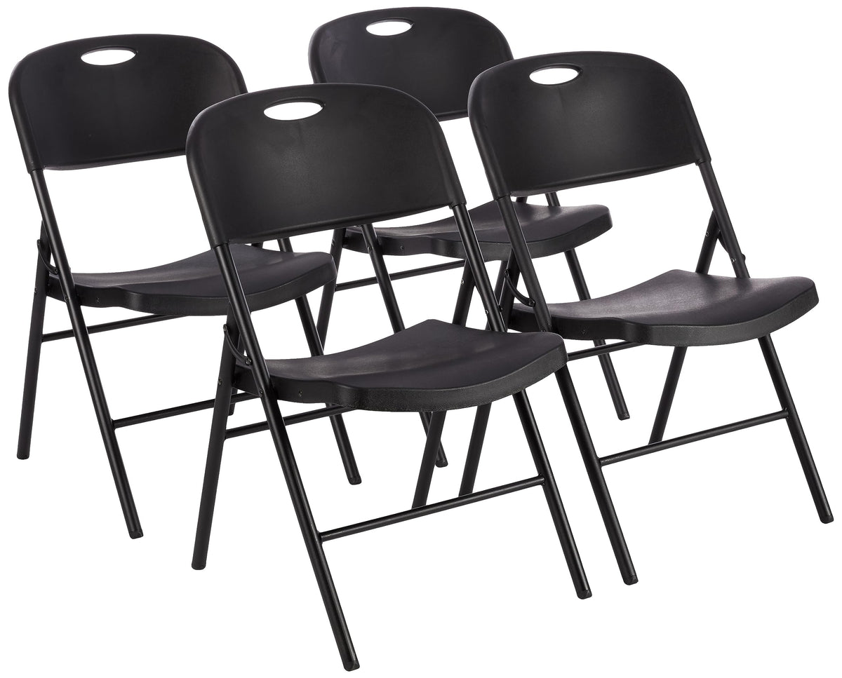 Amazon Basics Juego de 4 sillas plegables de plástico y metal, sillas de camping, sillas de cocina, para interiores y exteriores, color negro, hasta 158 kg