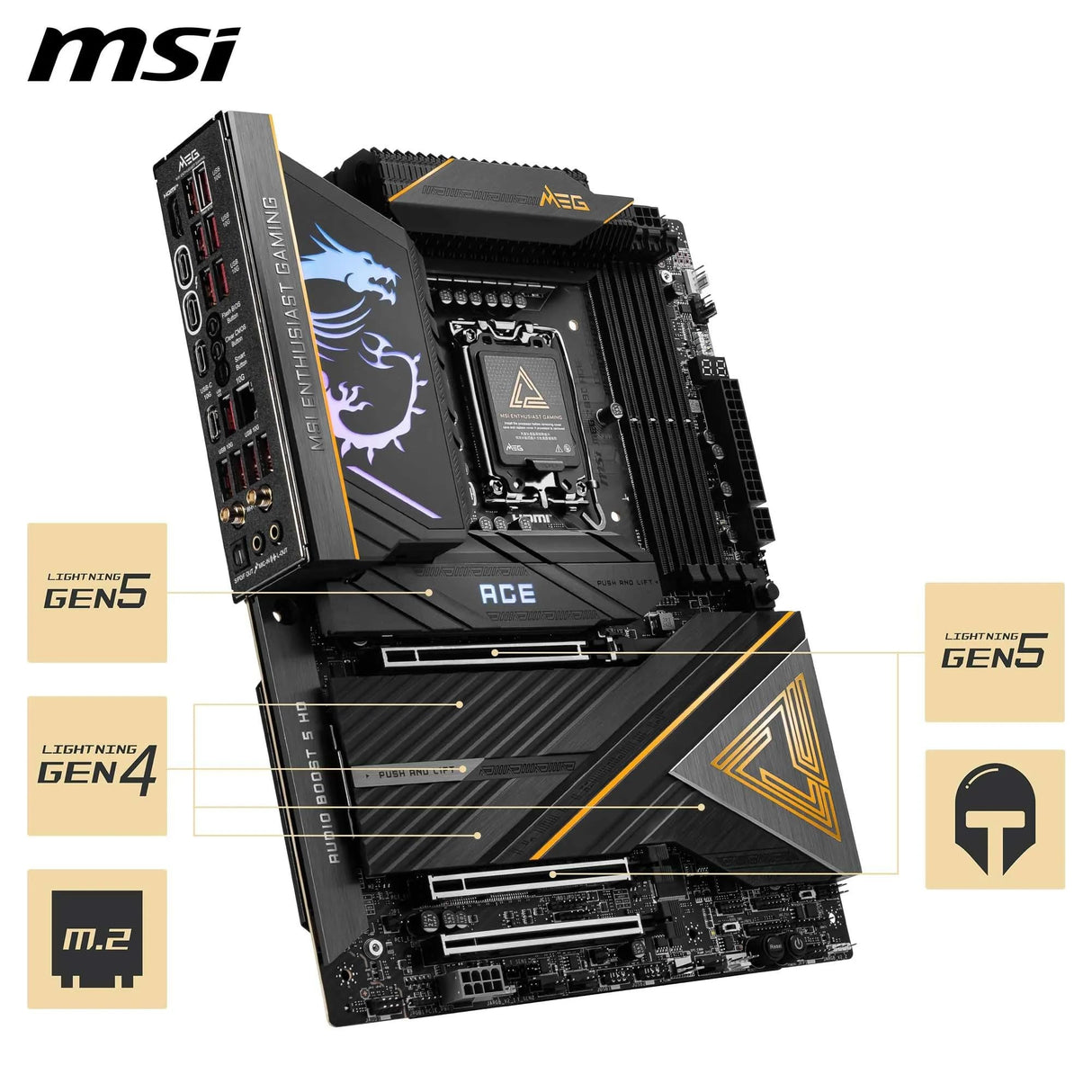 MSI Meg Z890 Ace, ATX - Placa Base Soporta Procesadores Intel Core Ultra (Serie 2), LGA 1851-110A SPS VRM, Memoria DDR5 (9200+MT/s OC), PCIe 5.0 & 4.0 x16, M.2 Gen5, Thunderbolt 4, Wi-Fi 7, 10G LAN