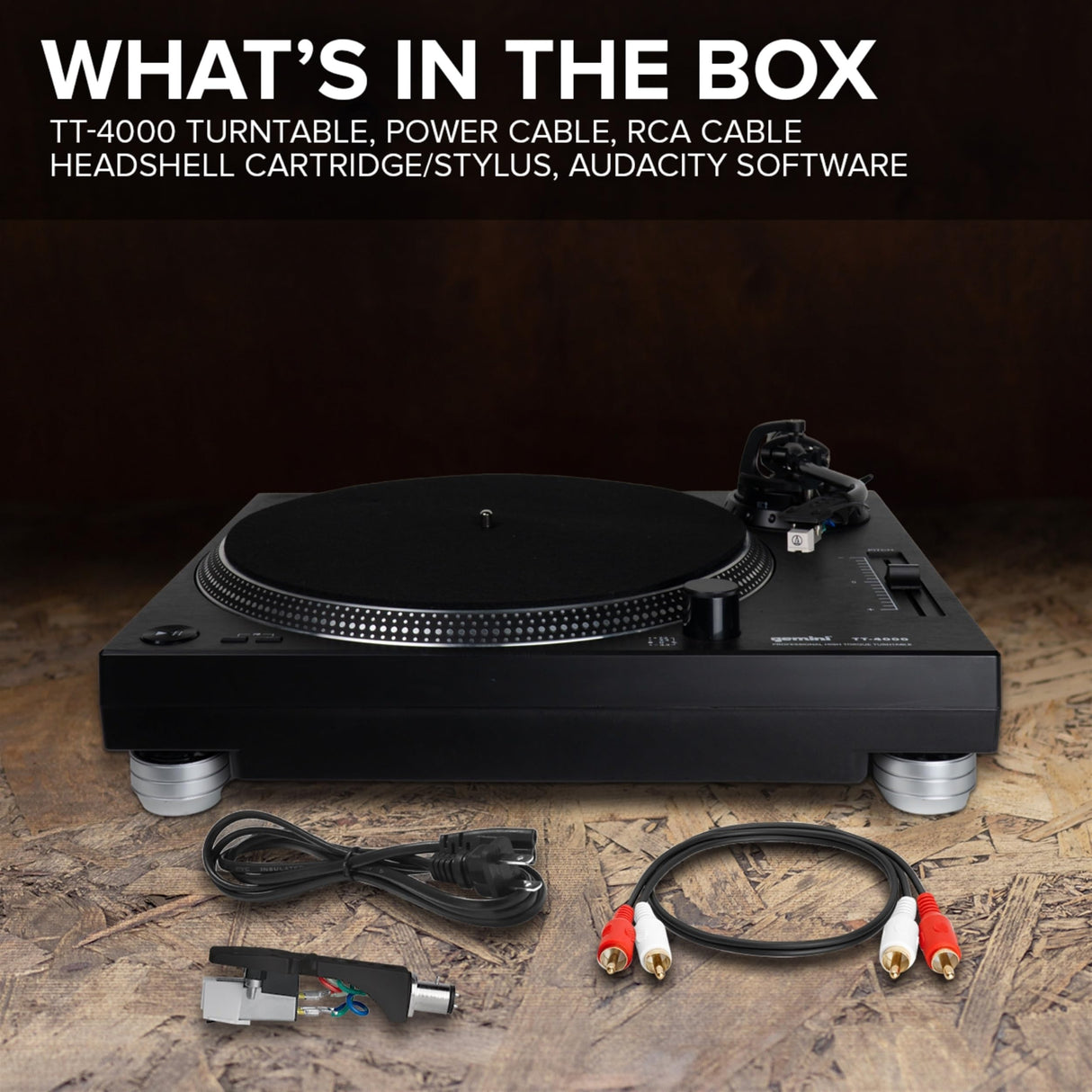 Gemini Sound TT-4000 DJ DIRT-DRIVE DJ TurnTable, Torque alto, 3 velocidades de grabación de vinilo, preamplificador de fono conmutable, control de tono variable, plato de aluminio fundido a presión