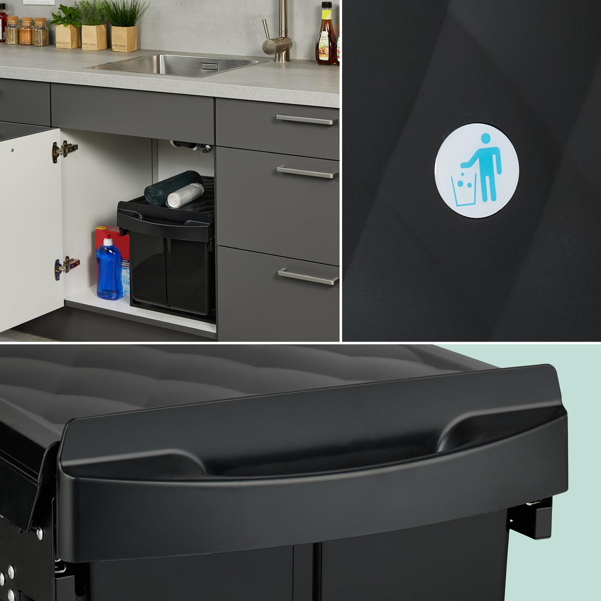 Relaxdays Cubo de Basura Cocina, 2 Espacios, 2X 20 L, 41,3x34x51,8 cm, Extraíble, Papelera Reciclaje Fregadero, Negro, Acero, Plástico, 2 x 20 L