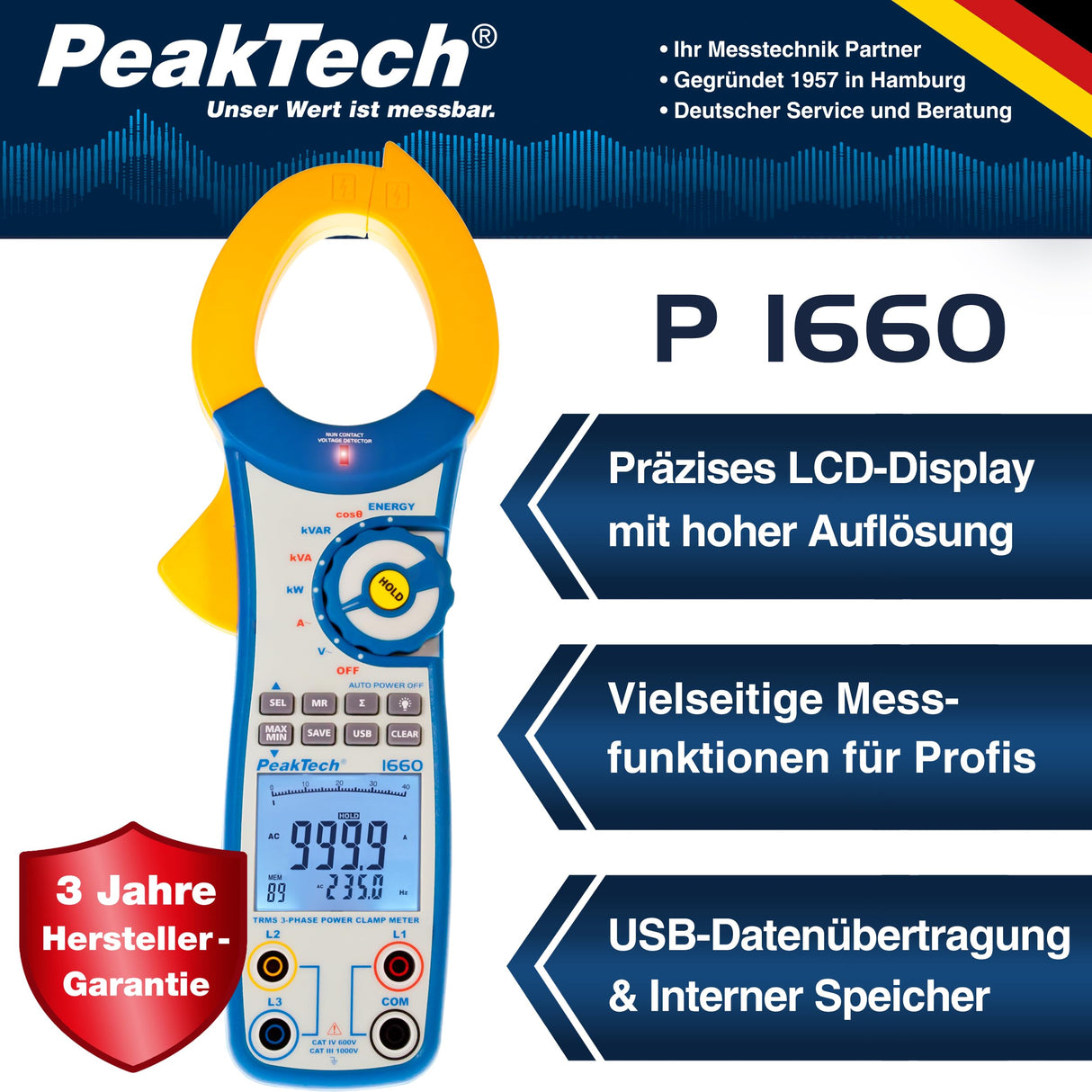PeakTech 1660 – Pinza amperimétrica con USB, 1000 A CA, 9999 cuentas, multímetro digital, pinza amperimétrica para kW, kWh, kVA, TUV/GS, voltímetro sin contacto, probador de continuidad