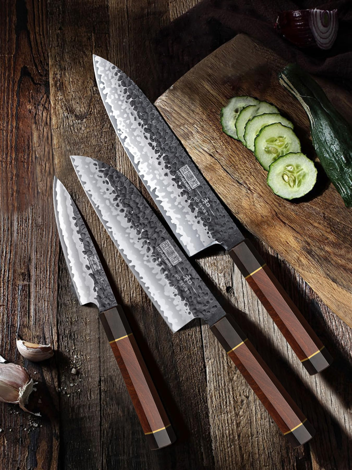 HOSHANHO Juego de Cuchillos de Cocina, Juego de 3 Piezas de Cuchillos Japones de Acero de Alto Carbono, Cuchillo de Chef Cuchillo Santoku Cuchillo para Pelar, Mango Ergonómico de Palisandro